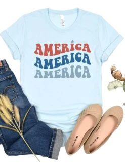 America America America Patriotic T-Shirt -Little Loom Store AmericaHeatherIceBlue