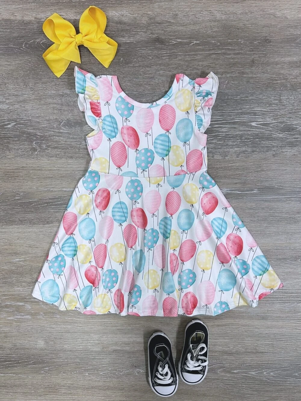 Balloon Party Blue & Pink Flutter Sleeve Girls Birthday Dress 3 Balloon Party Blue & Pink Flutter Sleeve Girls Birthday Dress