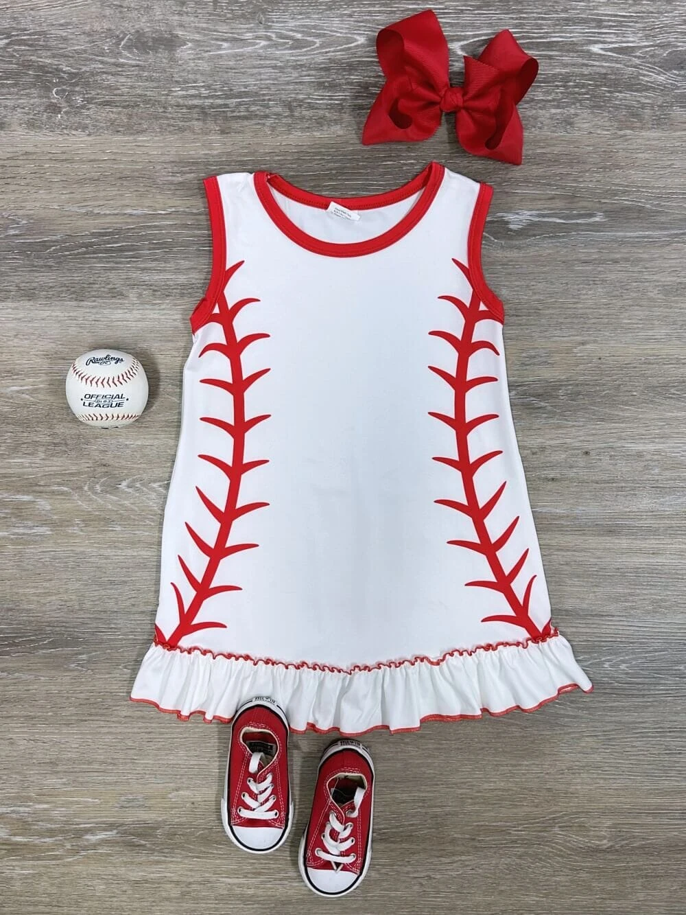 Baseball Stitch Girls Tank Sleeve Red & White Dress 2 Baseball Stitch Girls Tank Sleeve Red & White Dress