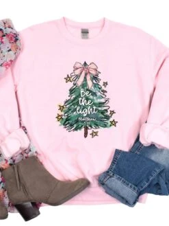 Be The LightChristmas Tree Heavy Blend Unisex Crewneck Graphic Sweatshirt -Little Loom Store Be the Light Light Pink