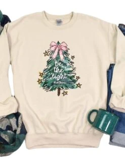 Be The LightChristmas Tree Heavy Blend Unisex Crewneck Graphic Sweatshirt -Little Loom Store Be the Light Sand