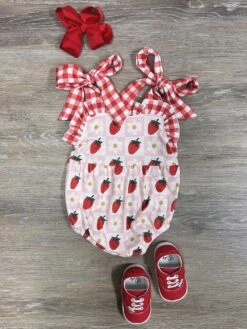 Berry Cute Strawberries & Gingham Plaid Girls Baby Romper