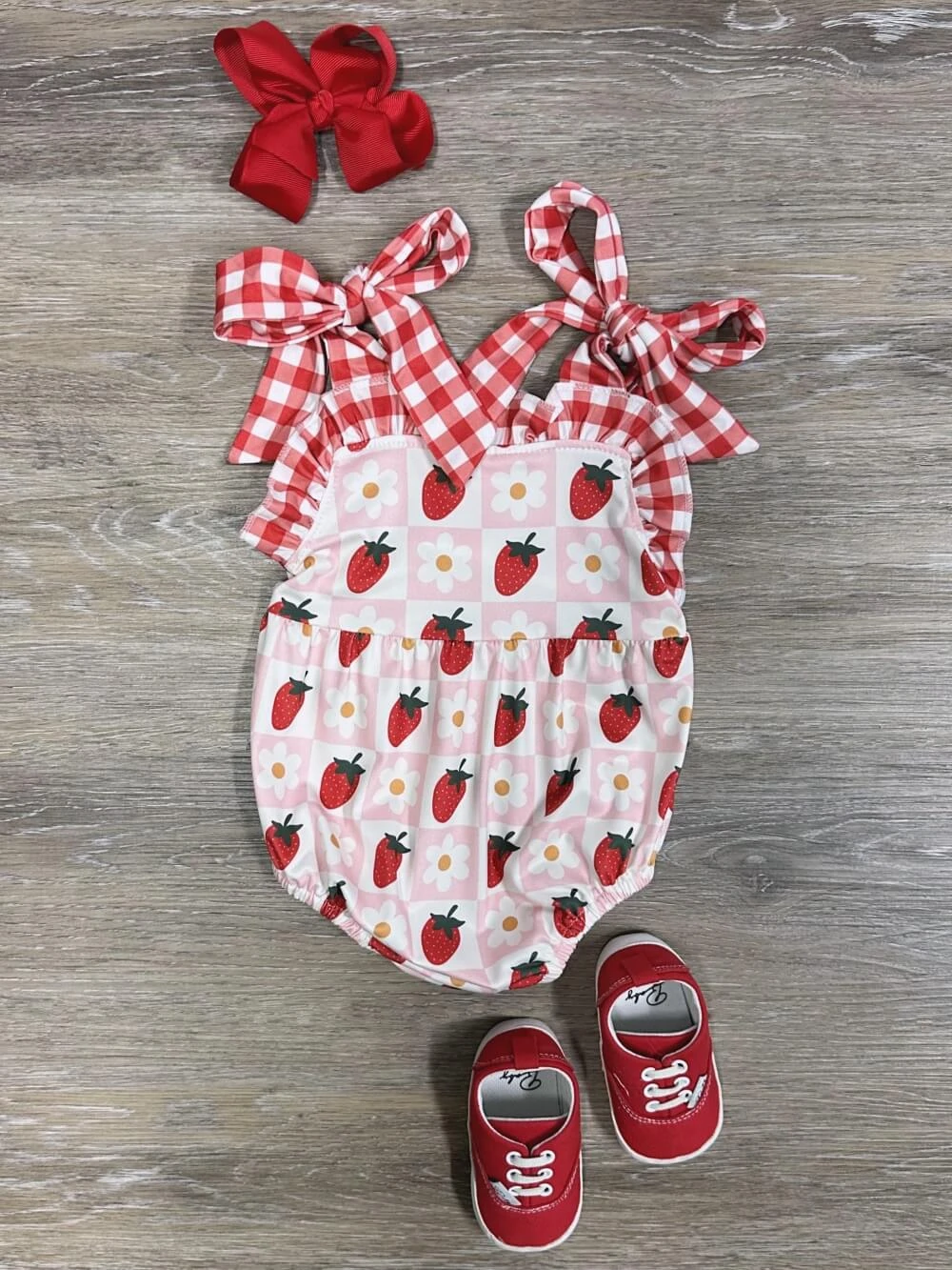 Berry Cute Strawberries & Gingham Plaid Girls Baby Romper 2 Berry Cute Strawberries & Gingham Plaid Girls Baby Romper