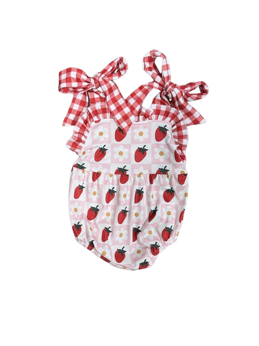 Berry Cute Strawberries & Gingham Plaid Girls Baby Romper 3 Berry Cute Strawberries & Gingham Plaid Girls Baby Romper - Image 2