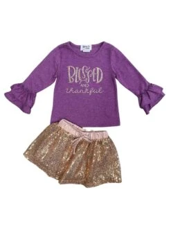 Blessed & Thankful Purple Gold Sequin Ruffle Girls Skirt Outfit -Little Loom Store Blessed Thankful Purple Gold Sequin Ruffle Girls Skirt Outfit White