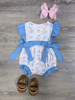 Blue Bow Bunny Girls Spring Baby Bubble Romper