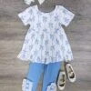 Blue Ribbon Bows Girls Short Sleeve Top & Leggings Outfit 1 Blue Ribbon Bows Girls Short Sleeve Top & Leggings Outfit -Little Loom Store BlueRibbonBowsGirlsShortSleeveTop LeggingsOutfit