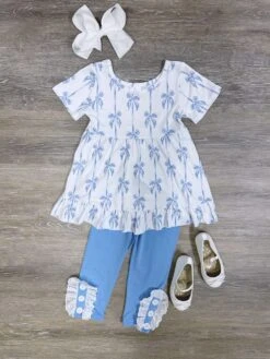 Blue Ribbon Bows Girls Short Sleeve Top & Leggings Outfit