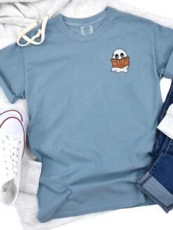 Book Ghost Comfort Colors Embroidered Unisex T-Shirt -Little Loom Store BookGhostIceBlue