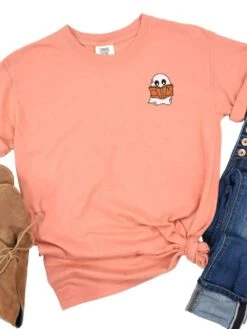 Book Ghost Comfort Colors Embroidered Unisex T-Shirt -Little Loom Store BookGhostTeracotta