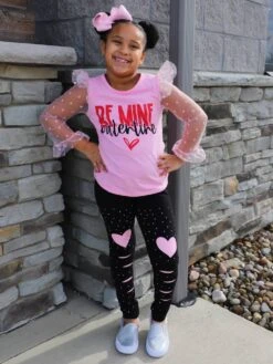 Be Mine Valentine Pink Heart Knee Patch Girls Valentine's Day Outfit