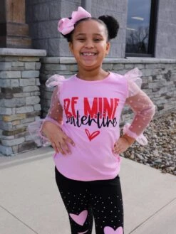 Be Mine Valentine Pink Heart Knee Patch Girls Valentine's Day Outfit -Little Loom Store BrooklynBeMinePink2