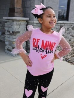 Be Mine Valentine Pink Heart Knee Patch Girls Valentine's Day Outfit -Little Loom Store BrooklynBeMinePink4