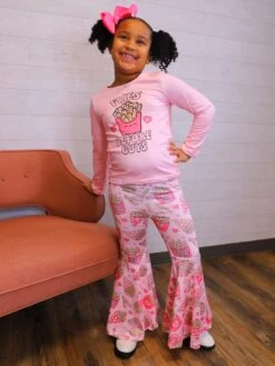 Fries Before Guys Pink Hearts Girls Bell Bottom Outfit -Little Loom Store BrooklynFries2