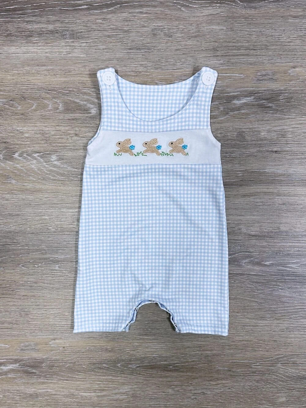 Bunny Blue Gingham Plaid Boys Spring Or Easter Baby Romper