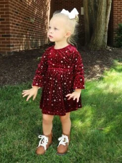 Burgundy Starry Night Velvet Flare Girls Dress 8 Burgundy Starry Night Velvet Flare Girls Dress -Little Loom Store BurgundyStarVelvetDress