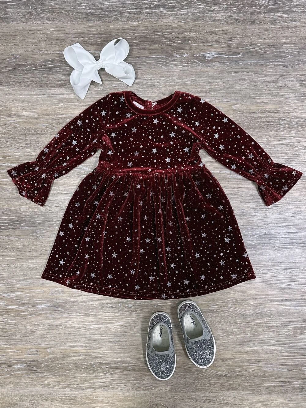Burgundy Starry Night Velvet Flare Girls Dress 3 Burgundy Starry Night Velvet Flare Girls Dress