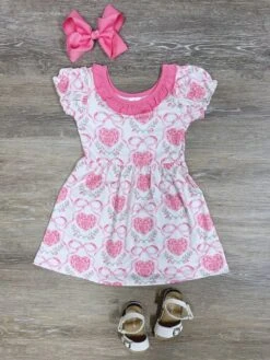 Charming Hearts & Bows Girls Short Sleeve Ruffle Dress