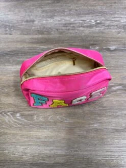 Chenille Letter FACE Zip Up Pink Cosmetic Bag -Little Loom Store ChenilleLetterFACEZipUpPinkCosmeticBag3