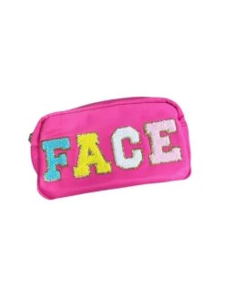 Chenille Letter FACE Zip Up Pink Cosmetic Bag -Little Loom Store ChenilleLetterFACEZipUpPinkCosmeticBagWhite