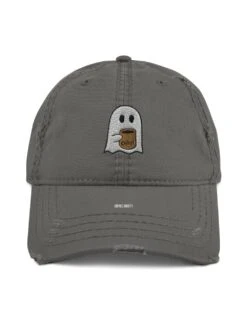 Coffee Ghost Embroidered Distressed Dad Hat -Little Loom Store CoffeeGhost2