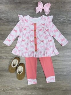 Coquette Bows Pink Girls Ruffle Top & Leggings Outfit