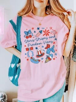 Stars, Stripes, And Freedom Vibes Coquette Summer Unisex Tee Comfort Colors 4th Of July Patriotic Graphic T-Shirt -Little Loom Store Coquette Pink