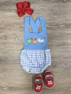 Country Cuties Girls Blue Gingham Chicken Baby Romper