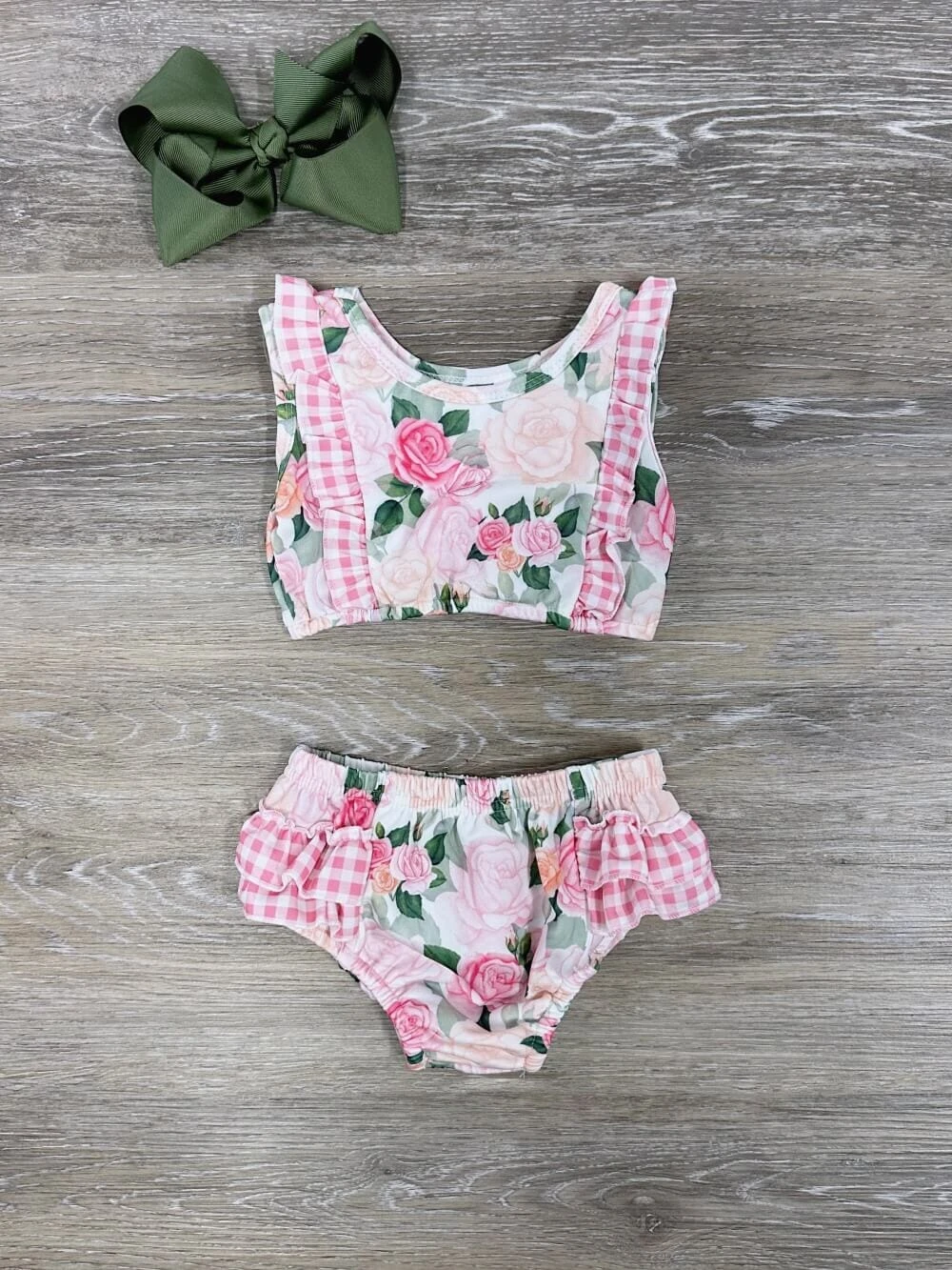 Country Floral Pink Girls Gingham Plaid Ruffle 2 Piece Swimsuit 3 Country Floral Pink Girls Gingham Plaid Ruffle 2 Piece Swimsuit