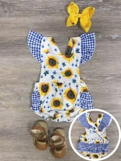 Country Sunflower Girls Blue Gingham Plaid Ruffle Baby Romper