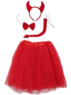 Red Devil Costume Set For Adults & Plus Size – Tutu Skirt, Tail & Horns Headband – Fiery Outfit For Halloween & Cosplay