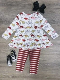 Dinos For Days Tunic Top & Striped Leggings Girls Outfit