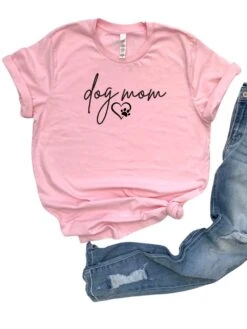 Dog Mom Women's Jersey Short Sleeve Graphic Tee - 12 Colors -Little Loom Store DogMomT ShirtPink