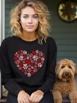 Dog Paw Heart Dog Mom Valentine's Day Long Sleeve Graphic Sweatshirt -Little Loom Store DogPawHeartSweatshirtBlack