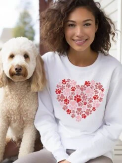 Dog Paw Heart Dog Mom Valentine's Day Long Sleeve Graphic Sweatshirt -Little Loom Store DogPawHeartSweatshirtWhite