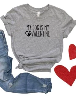 My Dog Is My Valentine Jersey Short Sleeve Women's Valentine's Day Tee -Little Loom Store DogisMyValGray