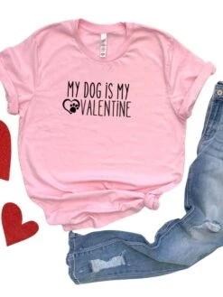 My Dog Is My Valentine Jersey Short Sleeve Women's Valentine's Day Tee -Little Loom Store DogisMyValPink