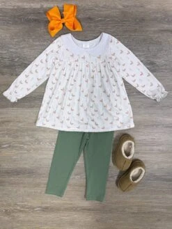 Ducks In A Row Long Sleeve Top & Green Leggings Girls Outfit