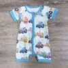 Egg Farm Boys Blue Trim Easter Romper -Little Loom Store EggFarmBoysBlueTrimEasterRomper