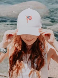 Patriotic Embroidered American Flag Foam Trucker Hat -Little Loom Store Embroidered Flag Trucker Hat White