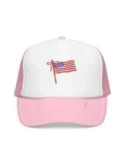Patriotic Embroidered American Flag Foam Trucker Hat -Little Loom Store Embroidered Flag Trucker Hat Pink