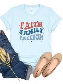 Faith Family Freedom Patriotic 4th Of July Patriotic Graphic T-Shirt -Little Loom Store FaithFamilyFreedomHeatherIceBlue