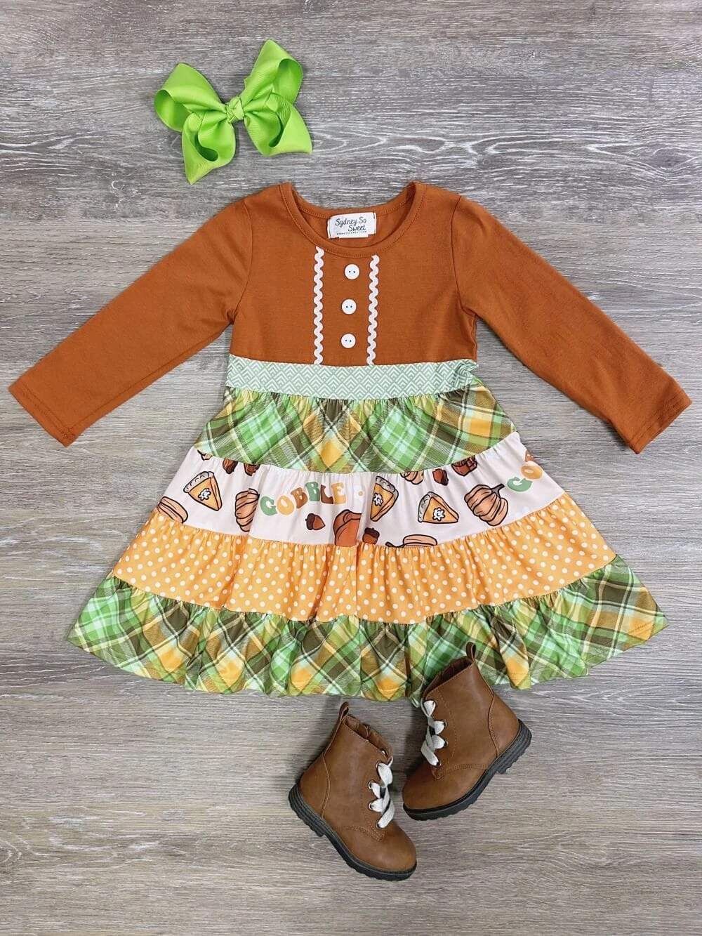 Fall Day Girls Plaid Trim Long Sleeve Dress 3 Fall Day Girls Plaid Trim Long Sleeve Dress