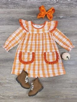 Fall In Love Orange Plaid Girls Ruffle Pocket Dress