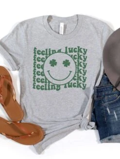 Feeling Lucky St. Patrick's Day Shamrock Smile Face T-Shirt Bella + Canvas Unisex Jersey Short Sleeve Tee -Little Loom Store FeelingLuckyAthleticHeather