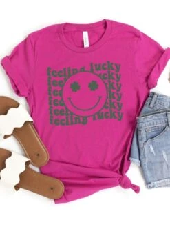 Feeling Lucky St. Patrick's Day Shamrock Smile Face T-Shirt Bella + Canvas Unisex Jersey Short Sleeve Tee -Little Loom Store FeelingLuckyBerry