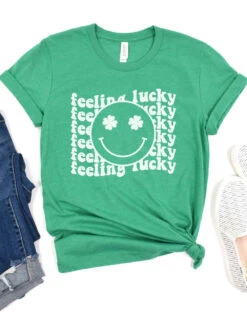 Feeling Lucky St. Patrick's Day Shamrock Smile Face T-Shirt Bella + Canvas Unisex Jersey Short Sleeve Tee -Little Loom Store FeelingLuckyHeatherKelly