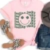 Feeling Lucky St. Patrick's Day Shamrock Smile Face T-Shirt Bella + Canvas Unisex Jersey Short Sleeve Tee 1 Feeling Lucky St. Patrick's Day Shamrock Smile Face T-Shirt Bella + Canvas Unisex Jersey Short Sleeve Tee -Little Loom Store FeelingLuckyPink