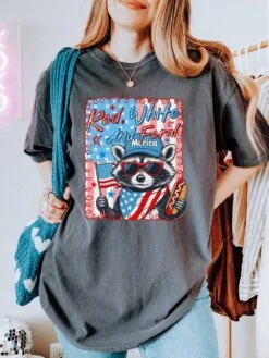 Red White & Feral Summer Unisex Tee Comfort Colors 4th Of July Patriotic Racoon Graphic T-Shirt