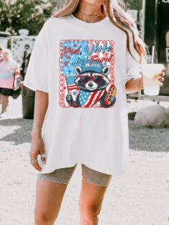Red White & Feral Summer Unisex Tee Comfort Colors 4th Of July Patriotic Racoon Graphic T-Shirt -Little Loom Store Feral White